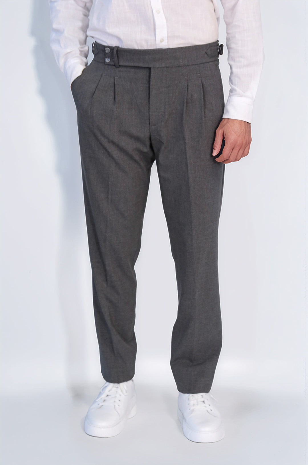 Anthracite Double Pleated Buckled High Waist Slim Fit Trousers Wessi