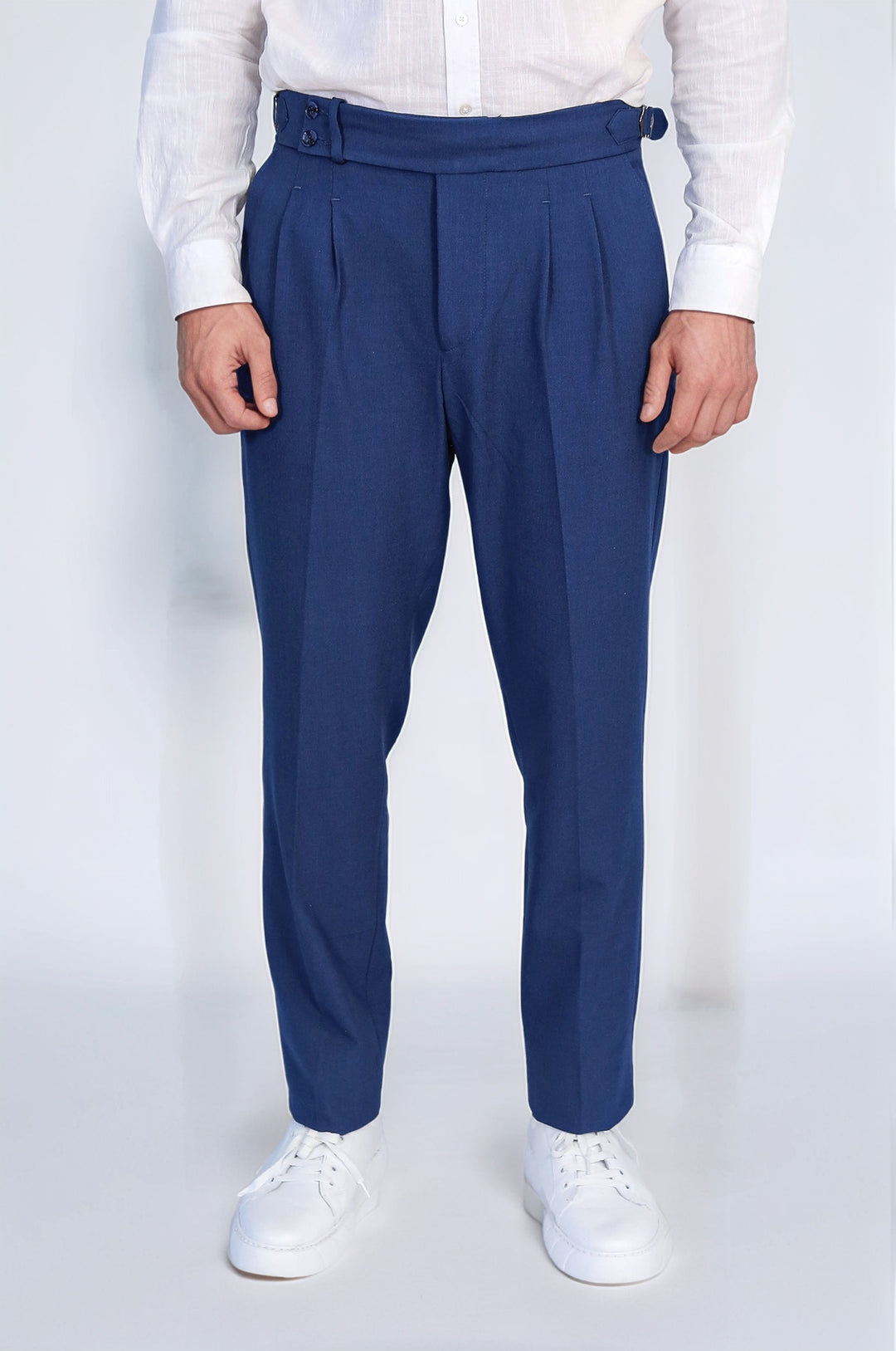 Saks Blue Double Pleated Buckled High Waist Slim Fit Trousers Wessi