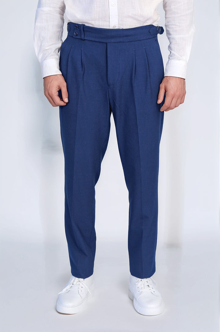 Saks Blue Double Pleated Buckled High Waist Slim Fit Trousers Wessi