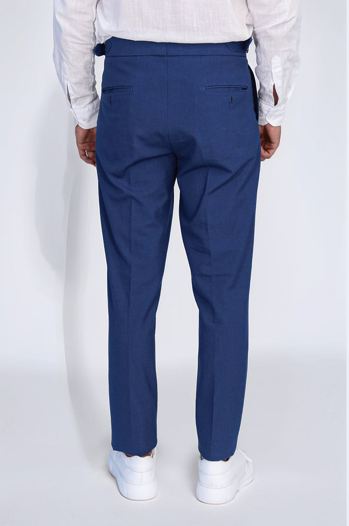 Saks Blue Double Pleated Buckled High Waist Slim Fit Trousers Wessi