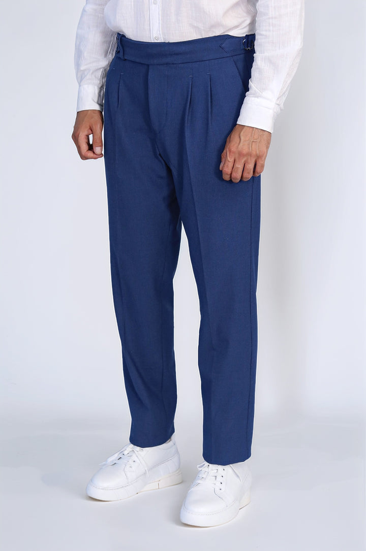 Saks Blue Double Pleated Buckled High Waist Slim Fit Trousers Wessi