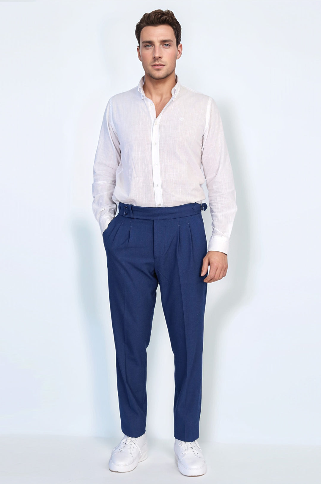 Saks Blue Double Pleated Buckled High Waist Slim Fit Trousers Wessi
