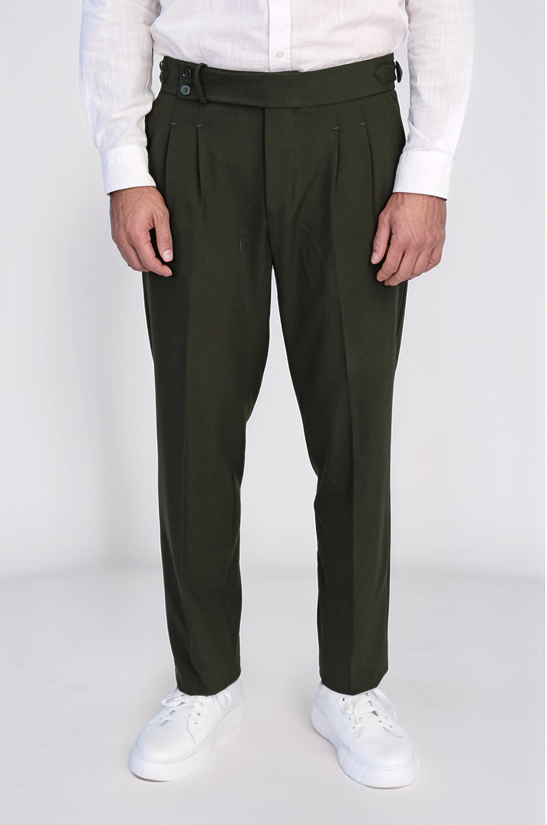 Khaki Double Pleated Buckled High Waist Slim Fit Trousers Wessi