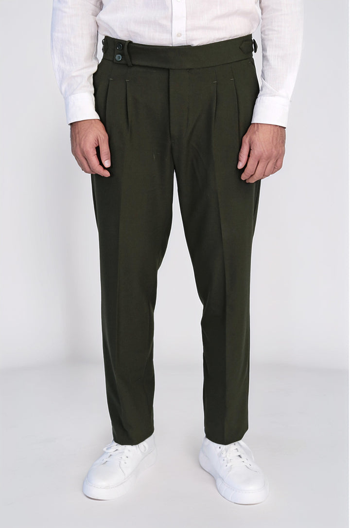 Khaki Double Pleated Buckled High Waist Slim Fit Trousers Wessi