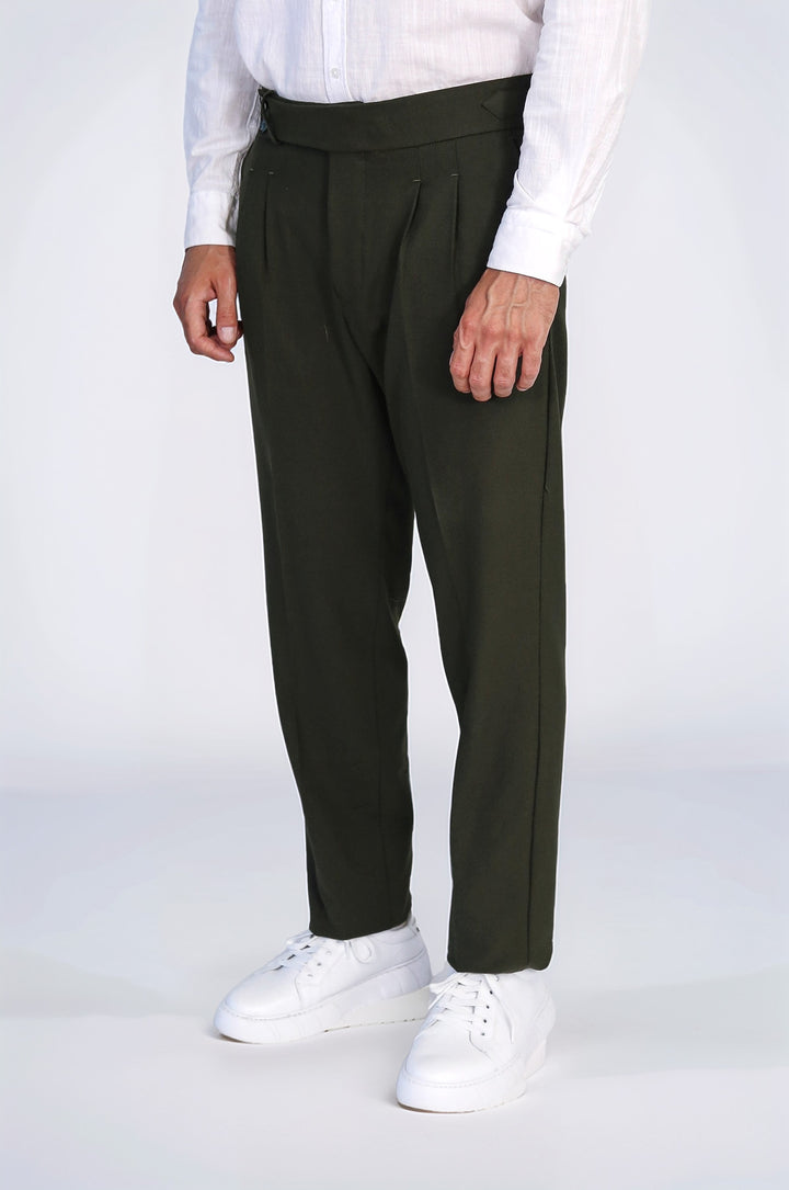 Khaki Double Pleated Buckled High Waist Slim Fit Trousers Wessi