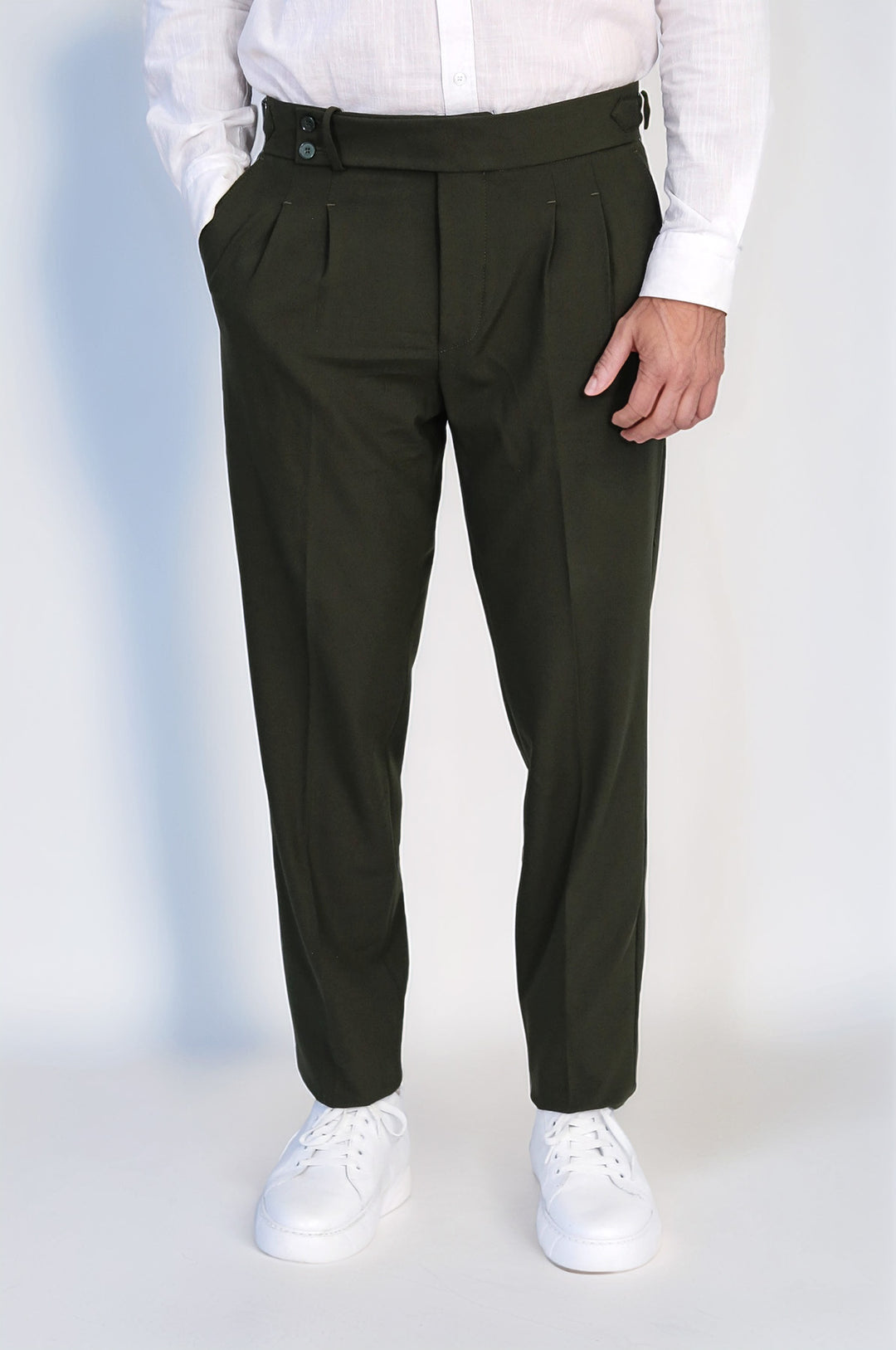 Khaki Double Pleated Buckled High Waist Slim Fit Trousers Wessi
