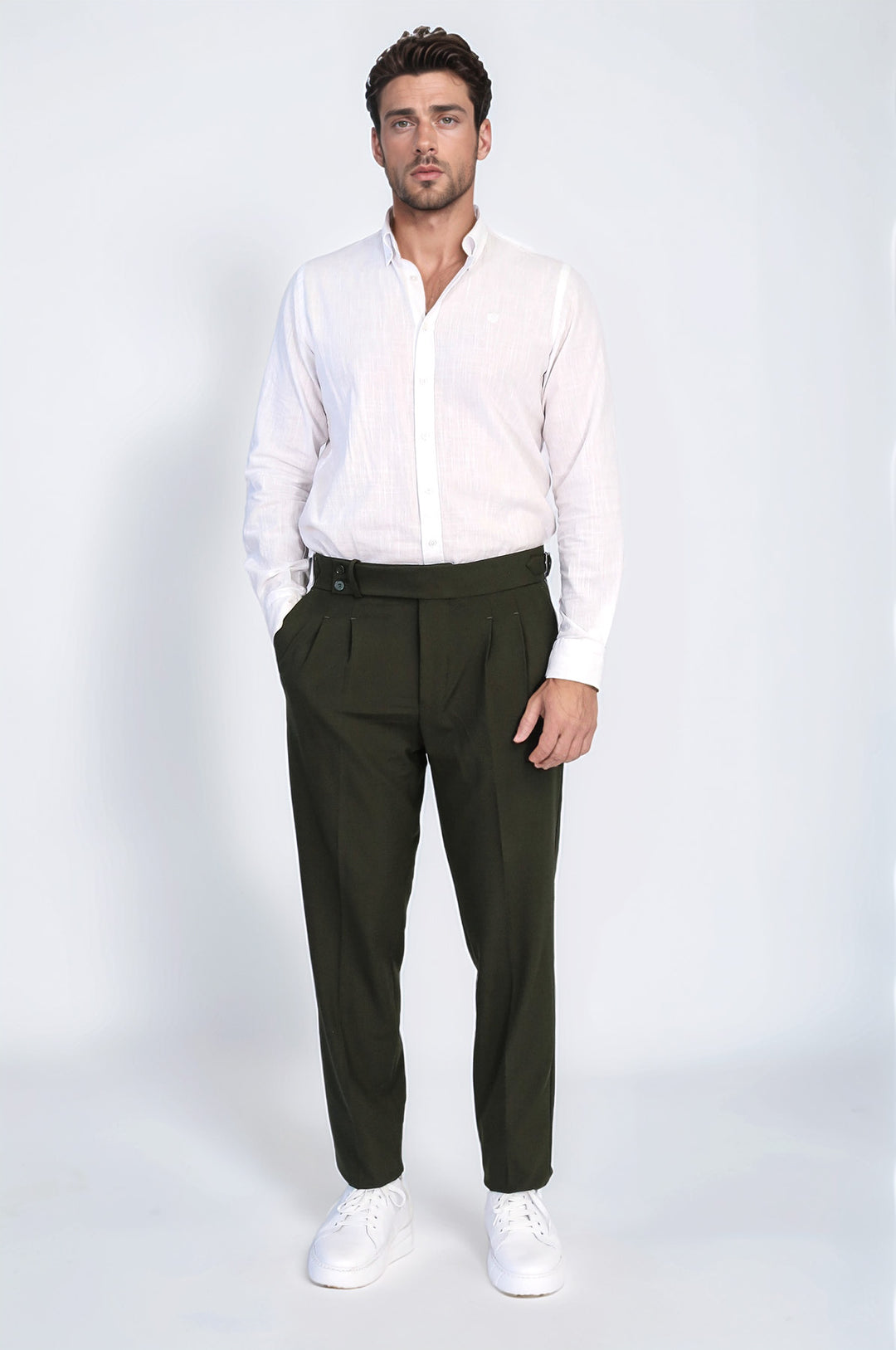 Khaki Double Pleated Buckled High Waist Slim Fit Trousers Wessi