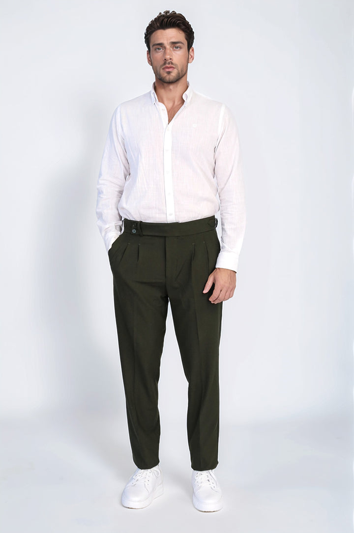 Khaki Double Pleated Buckled High Waist Slim Fit Trousers Wessi