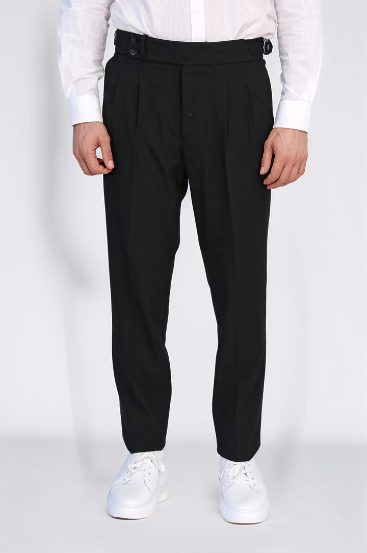 Black Double Pleated Buckled High Waist Slim Fit Trousers Wessi