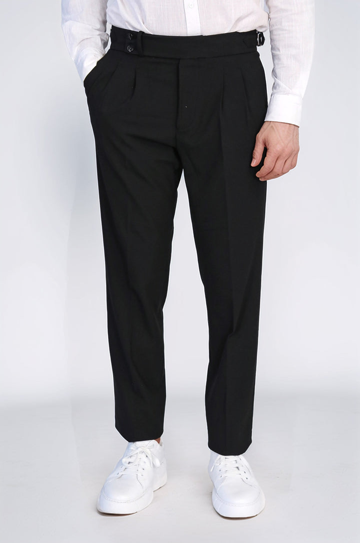 Black Double Pleated Buckled High Waist Slim Fit Trousers Wessi