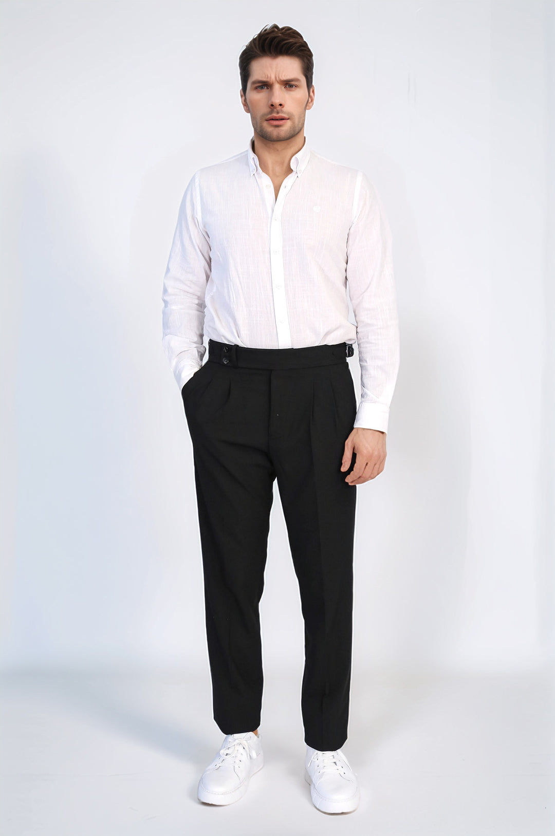 Black Double Pleated Buckled High Waist Slim Fit Trousers Wessi