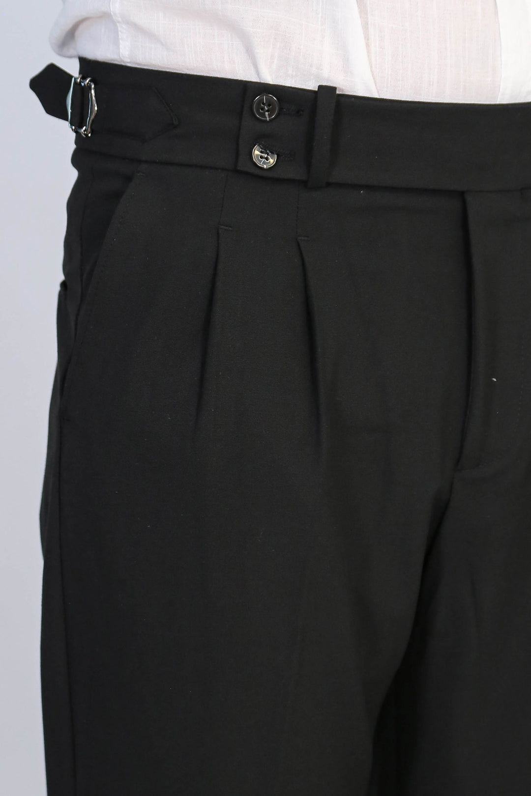 Black Double Pleated Buckled High Waist Slim Fit Trousers Wessi