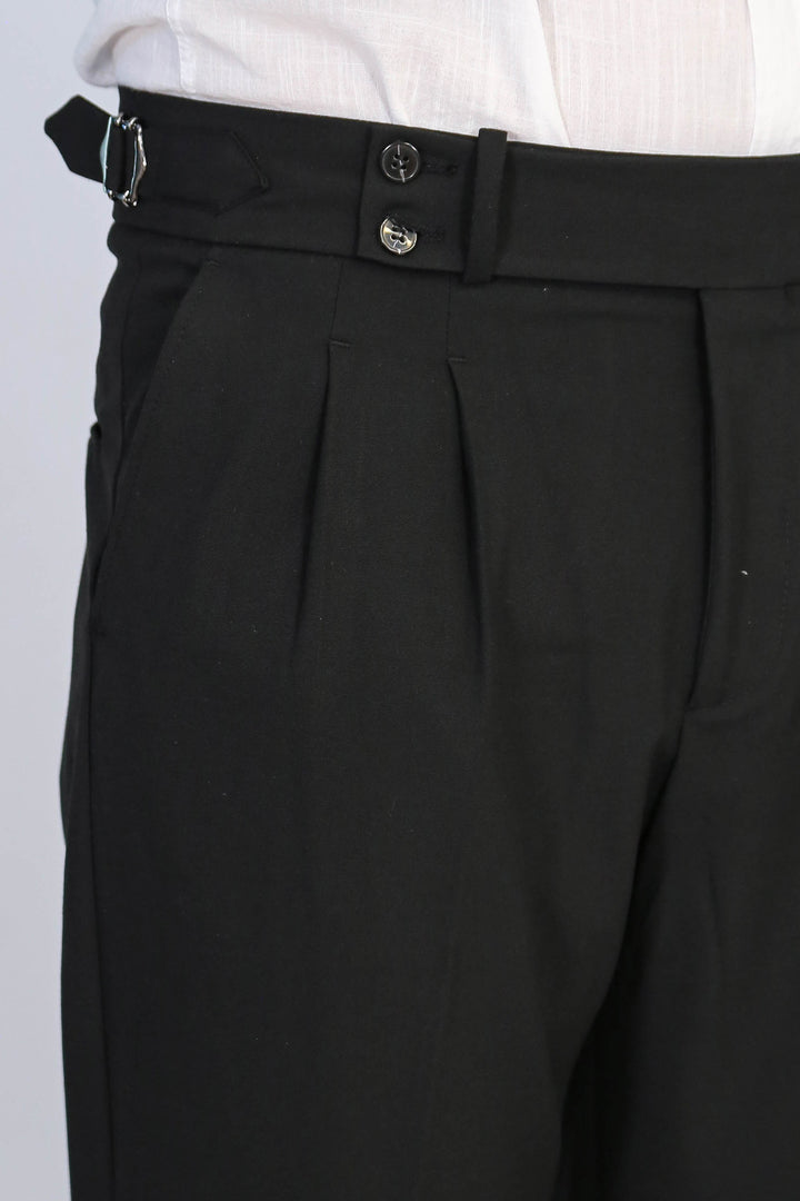 Black Double Pleated Buckled High Waist Slim Fit Trousers Wessi
