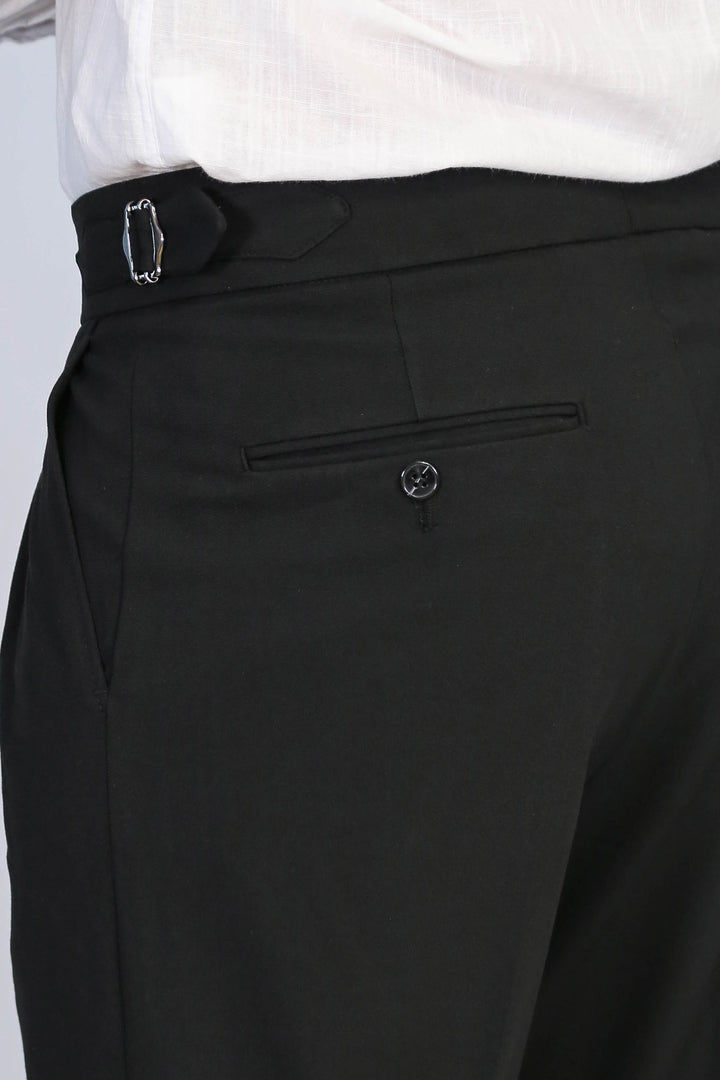 Black Double Pleated Buckled High Waist Slim Fit Trousers Wessi