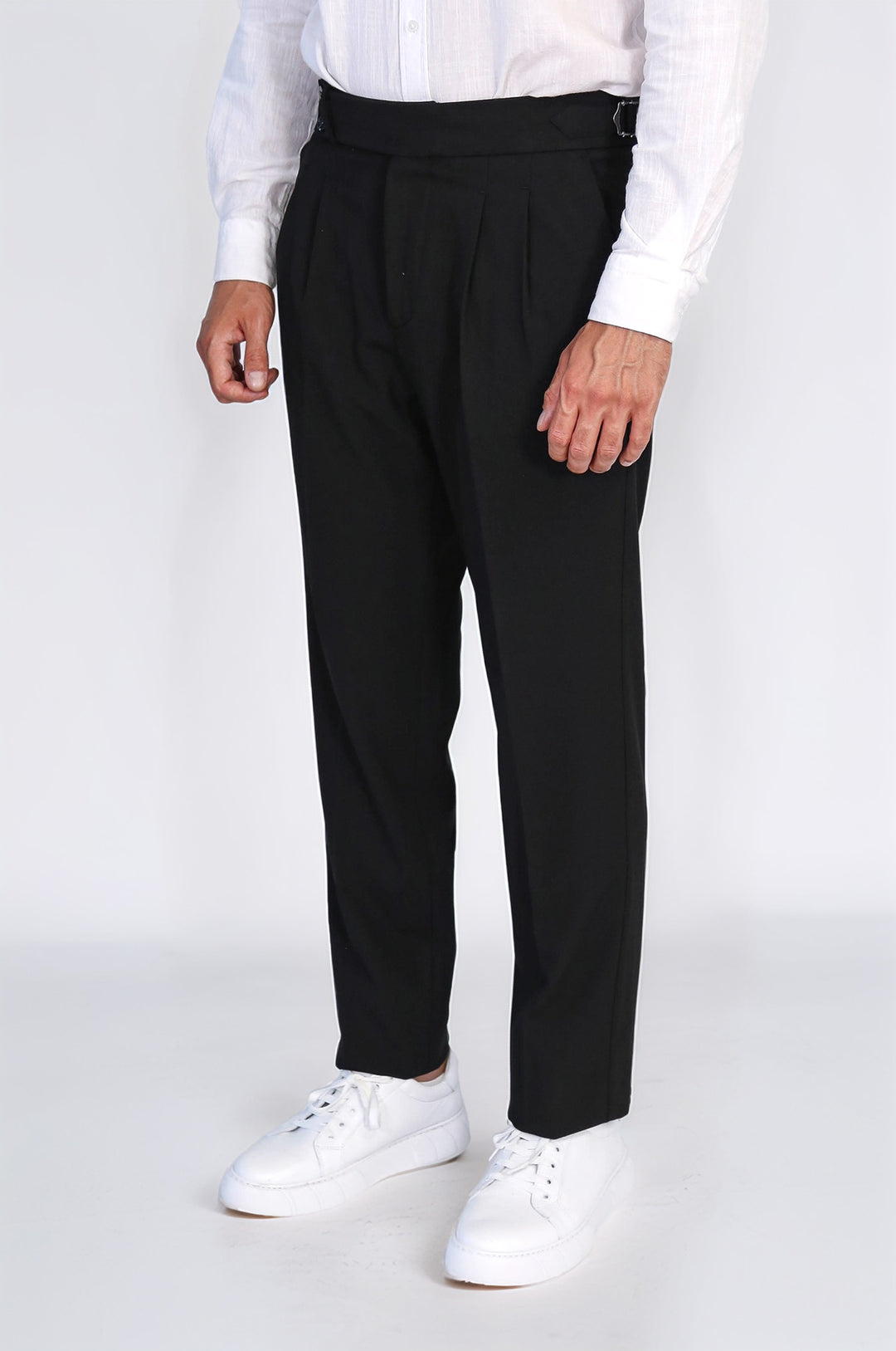 Black Double Pleated Buckled High Waist Slim Fit Trousers Wessi
