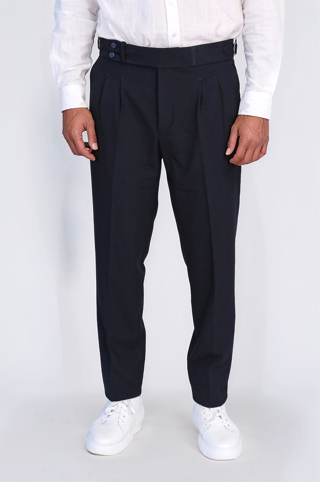 Navy Blue Double Pleated Buckled High Waist Slim Fit Trousers Wessi