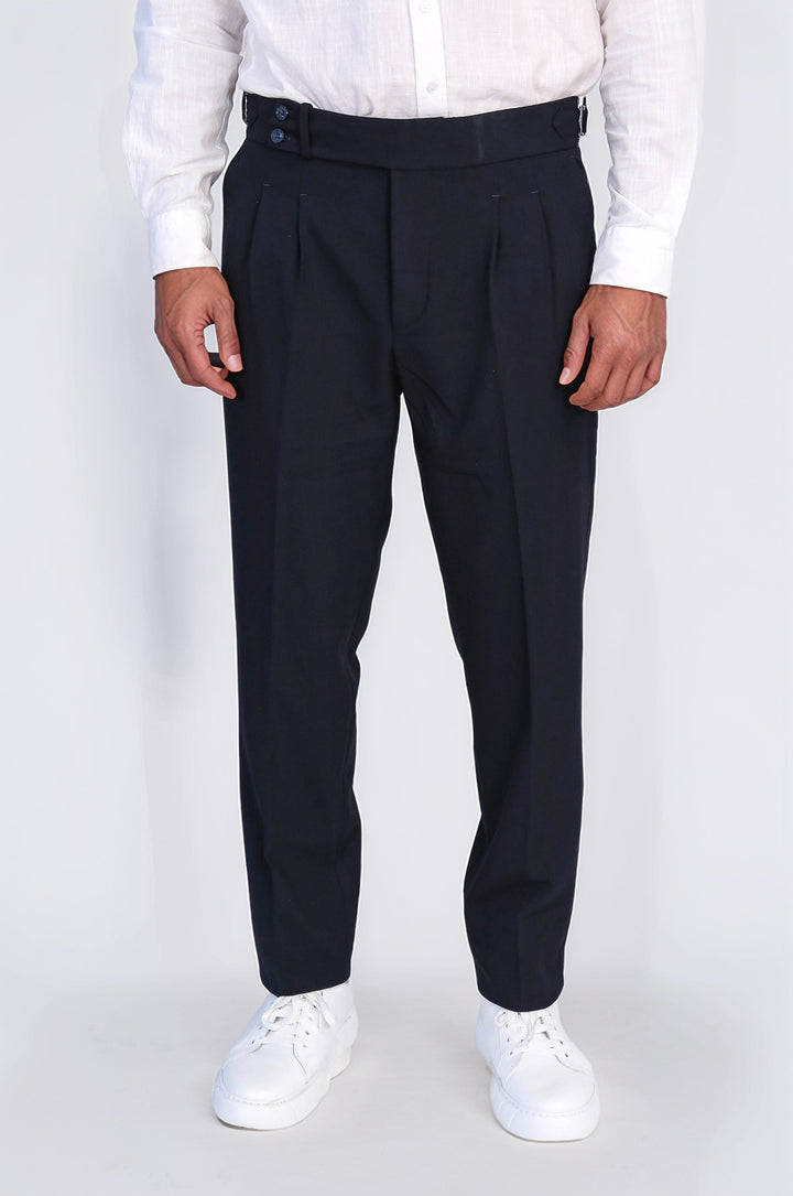 Navy Blue Double Pleated Buckled High Waist Slim Fit Trousers Wessi