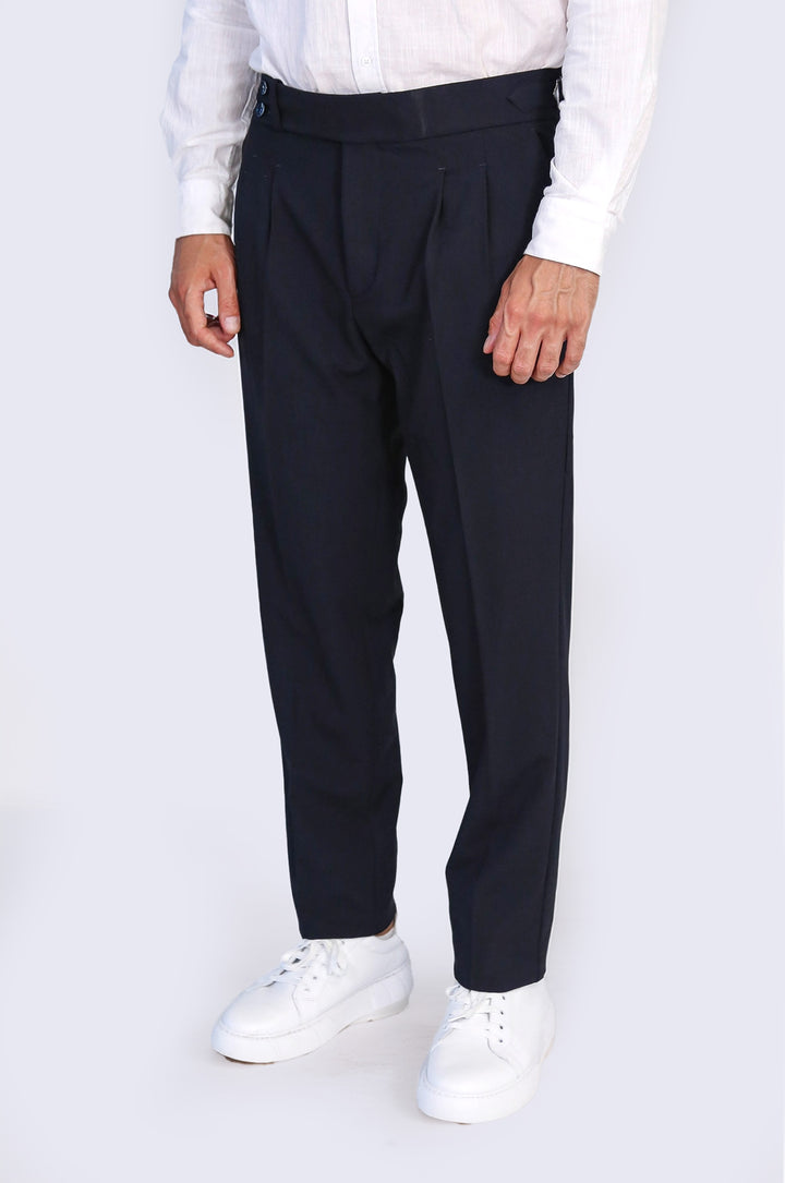 Navy Blue Double Pleated Buckled High Waist Slim Fit Trousers Wessi