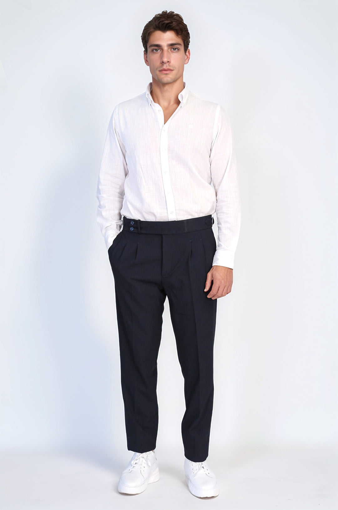 Navy Blue Double Pleated Buckled High Waist Slim Fit Trousers Wessi