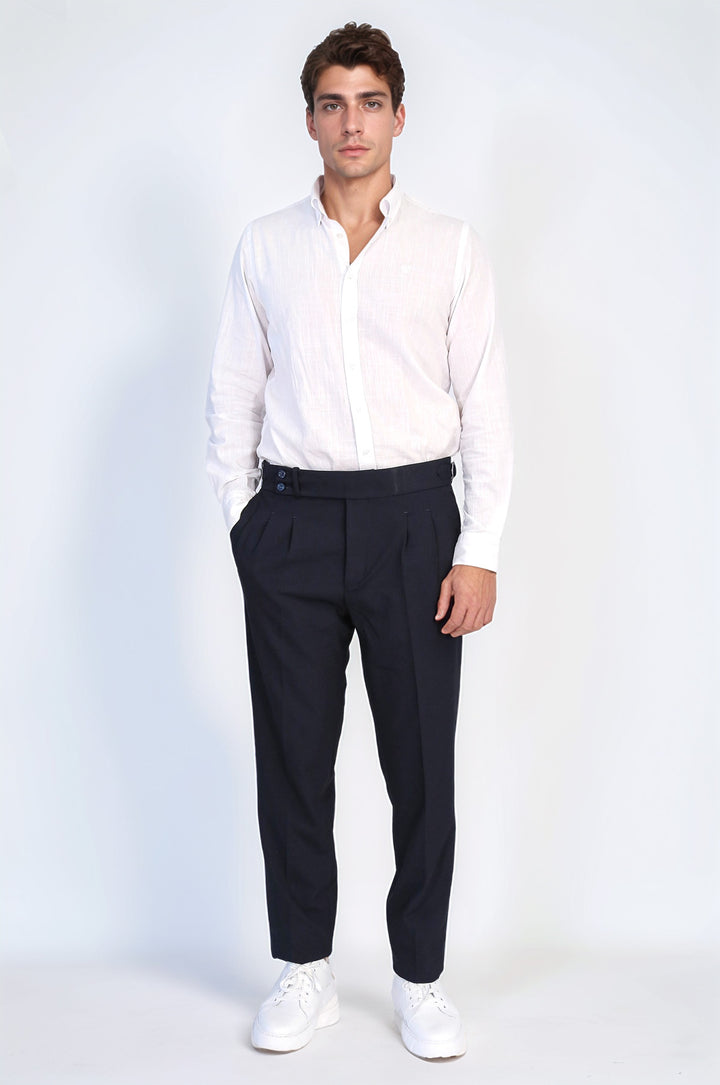 Navy Blue Double Pleated Buckled High Waist Slim Fit Trousers Wessi