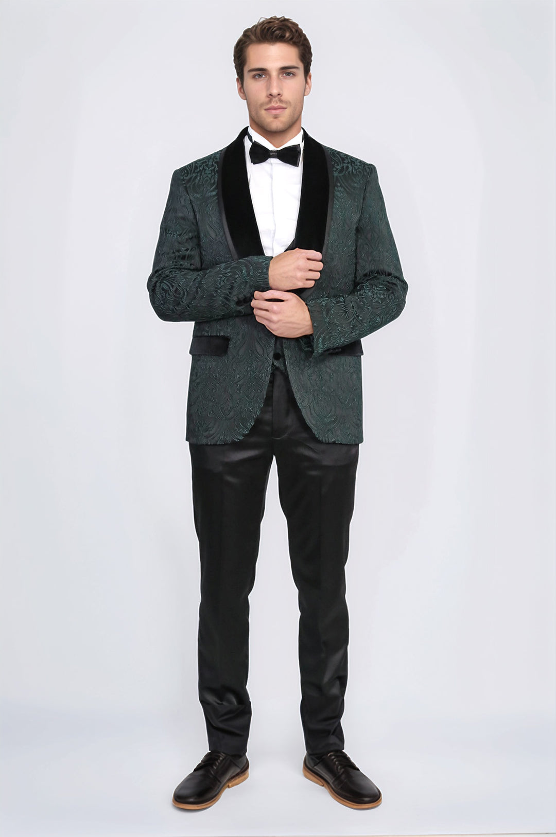 Baroque Patterned Velvet Shawl Collar Vested Green Tuxedo - Wessi