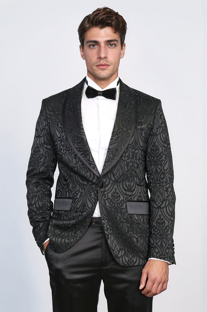 Damask Patterned Shawl Collar Black Tuxedo - Wessi