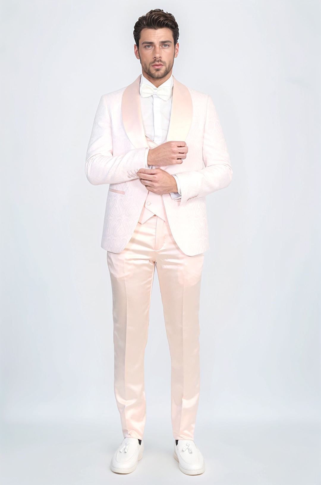 Wavy Patterned Shawl Collar Vested Powder Pink Tuxedo - Wessi