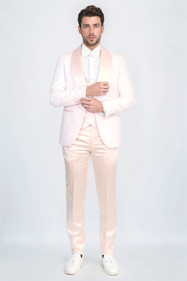 Wavy Patterned Shawl Collar Vested Powder Pink Tuxedo - Wessi