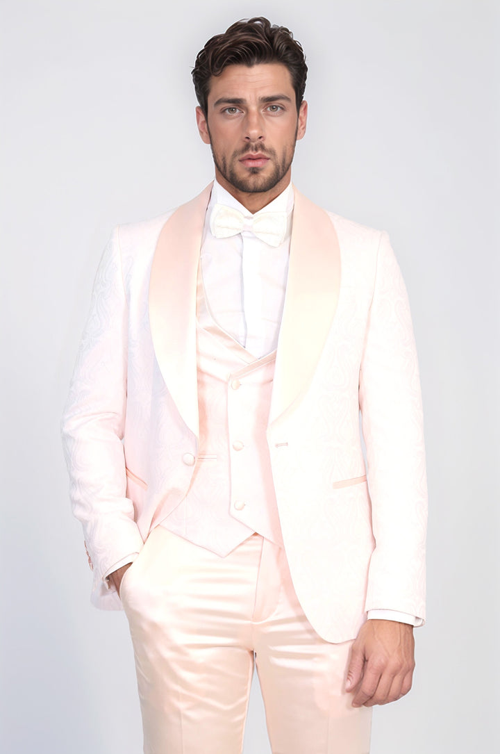 Wavy Patterned Shawl Collar Vested Powder Pink Tuxedo - Wessi