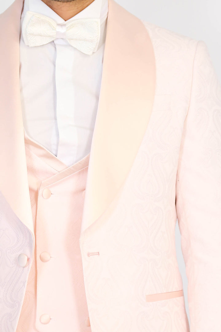 Wavy Patterned Shawl Collar Vested Powder Pink Tuxedo - Wessi