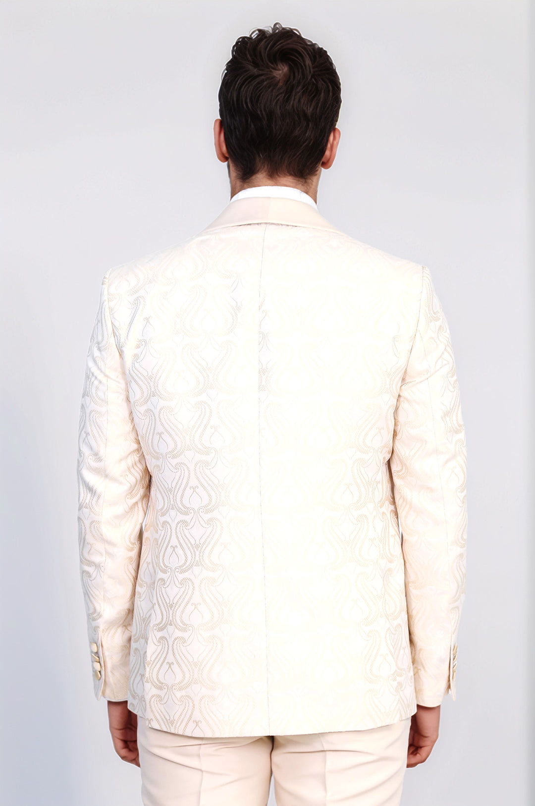 Wavy Patterned Shawl Collar Vested Cream Tuxedo - Wessi