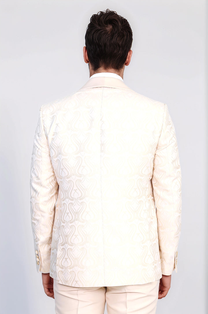 Wavy Patterned Shawl Collar Vested Cream Tuxedo - Wessi