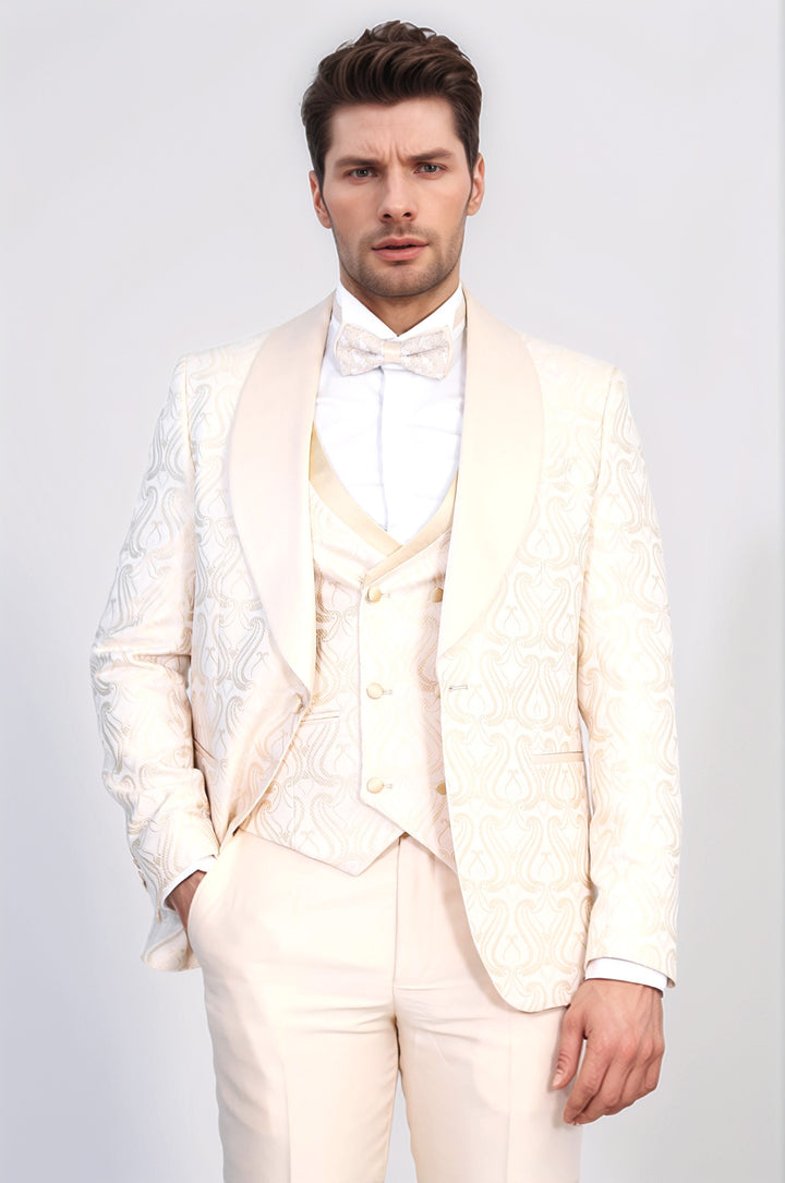 Wavy Patterned Shawl Collar Vested Cream Tuxedo - Wessi