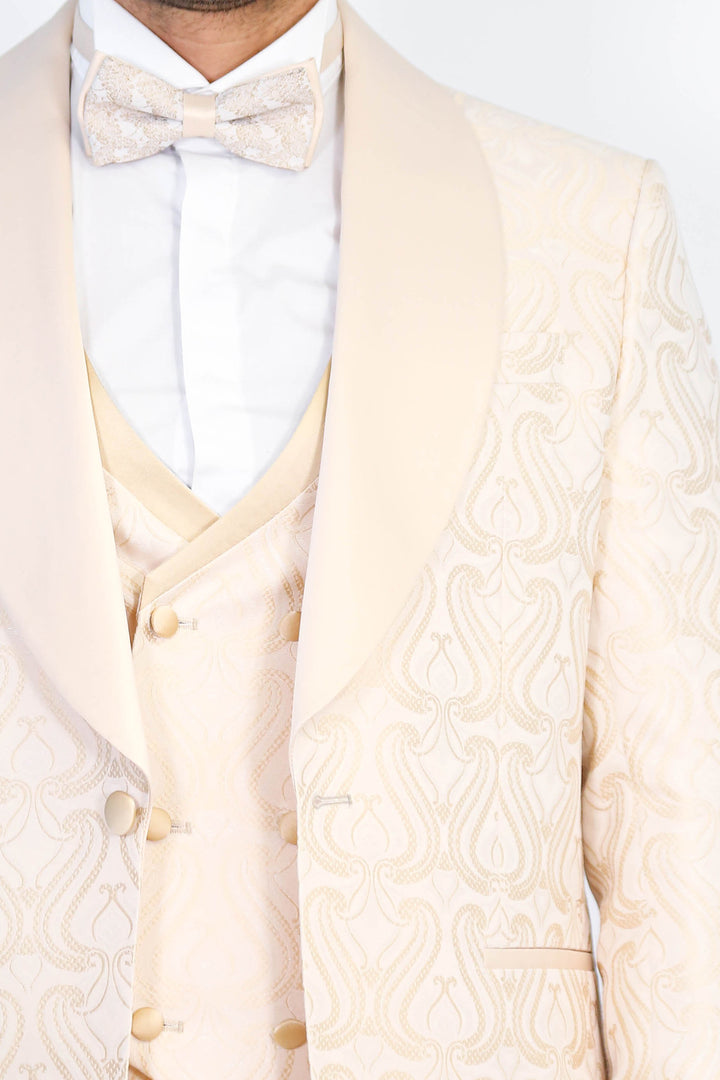 Wavy Patterned Shawl Collar Vested Cream Tuxedo - Wessi
