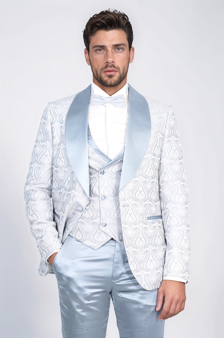 Wavy Patterned Shawl Collar Vested Ice Blue Tuxedo - Wessi