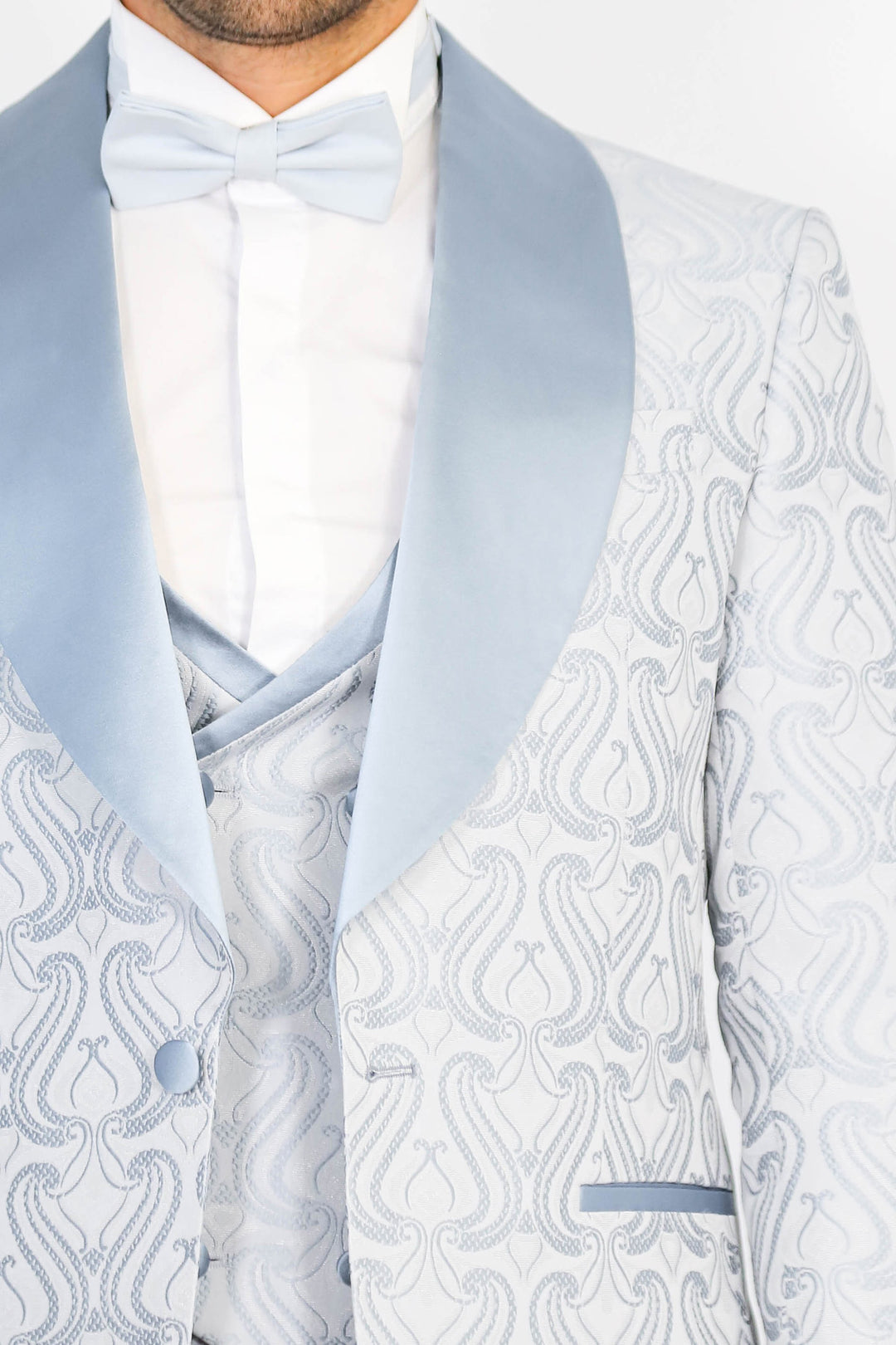 Wavy Patterned Shawl Collar Vested Ice Blue Tuxedo - Wessi