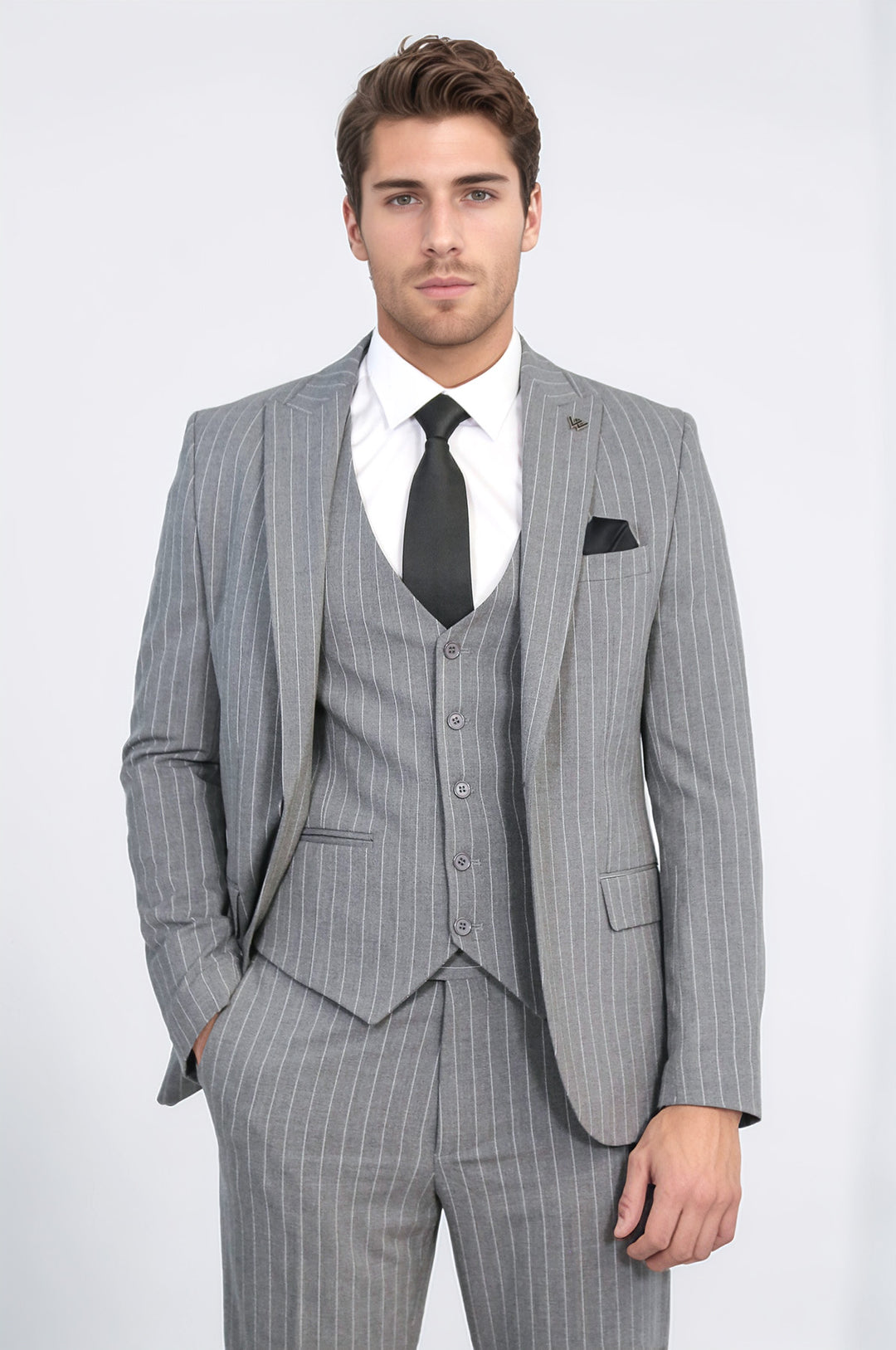 Striped Double-Breasted Button Detailed Vested Gray Mens Suit - Wessi