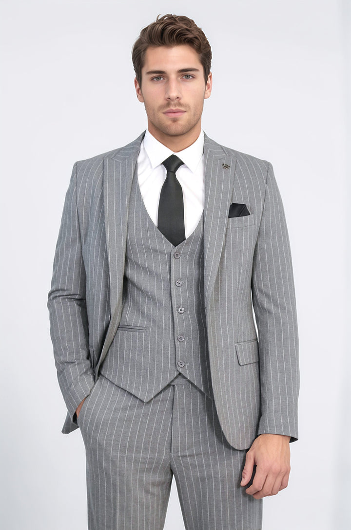 Striped Double-Breasted Button Detailed Vested Gray Mens Suit - Wessi