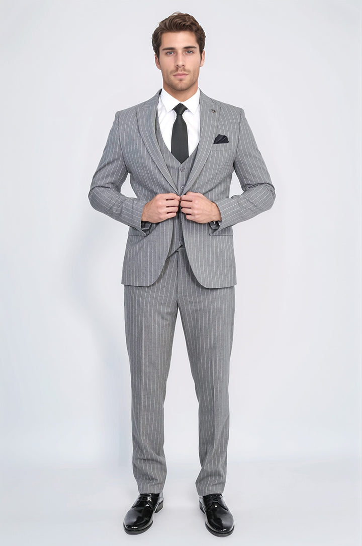 Striped Double-Breasted Button Detailed Vested Gray Mens Suit - Wessi