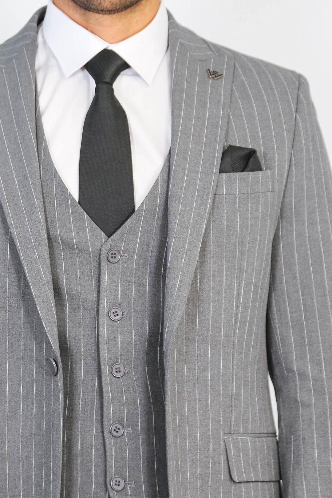 Striped Double-Breasted Button Detailed Vested Gray Mens Suit - Wessi