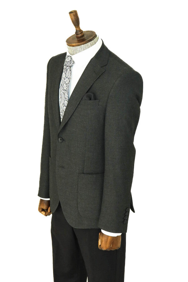 Textured Slim Fit Peak Lapel Anthracite Men Blazer - Wessi