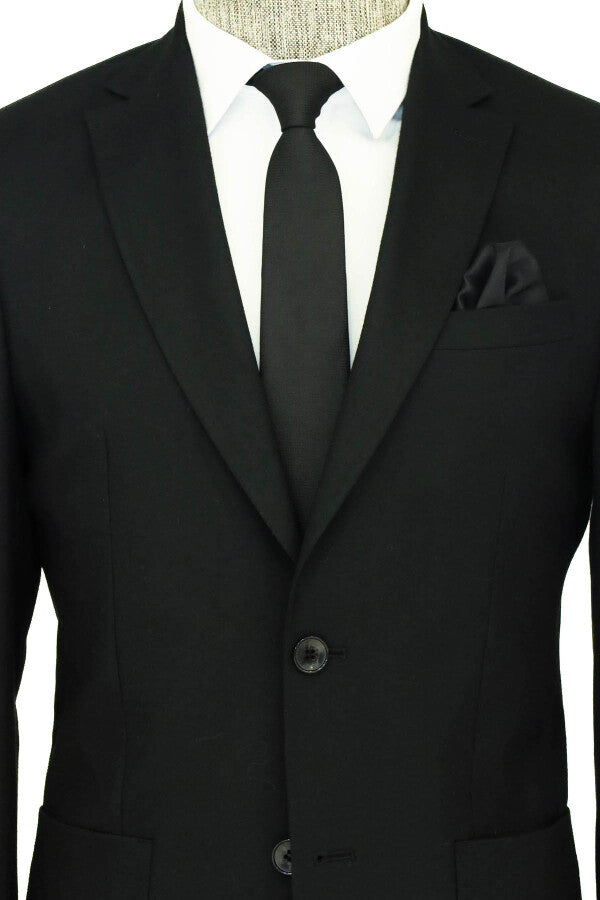 Textured Slim Fit Peak Lapel Black Men Blazer - Wessi