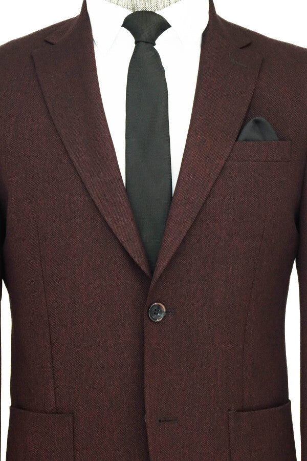 Blazer de hombre en color burdeos con solapa de pico y corte ajustado texturizado - Wessi