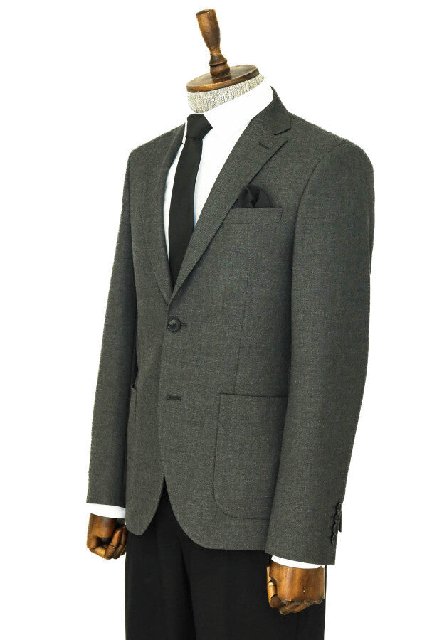 Textured Slim Fit Peak Lapel Grey Men Blazer - Wessi