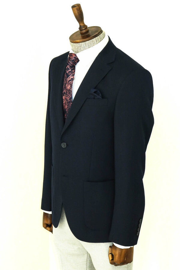 Textured Slim Fit Peak Lapel Navy Blue Men Blazer - Wessi