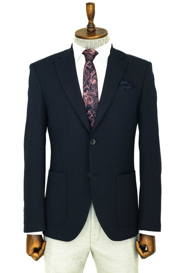 Textured Slim Fit Peak Lapel Navy Blue Men Blazer - Wessi