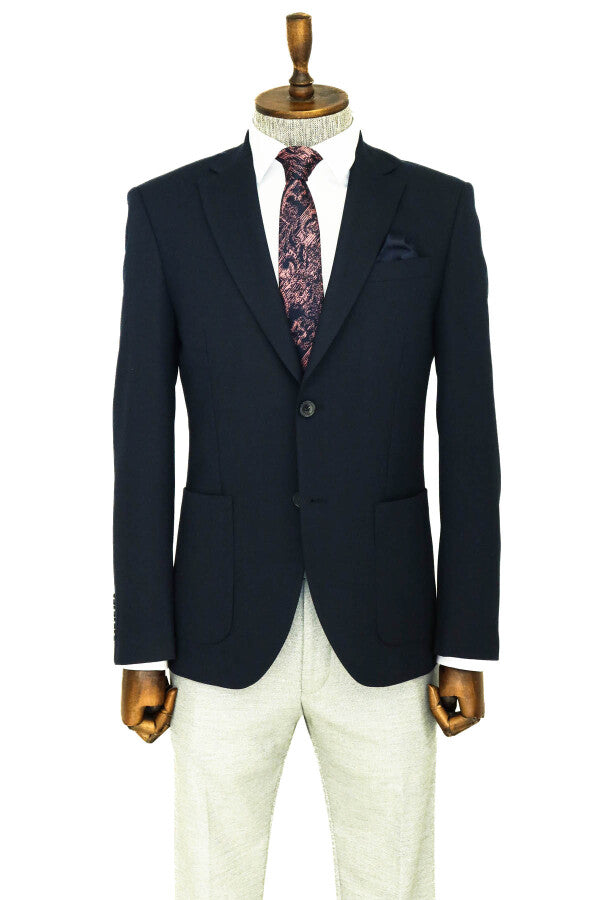 Textured Slim Fit Peak Lapel Navy Blue Men Blazer - Wessi