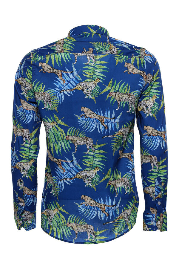 Tiger And Leaf Patterned Long Sleeves Slim Fit Blue Men Shirt - Wessi