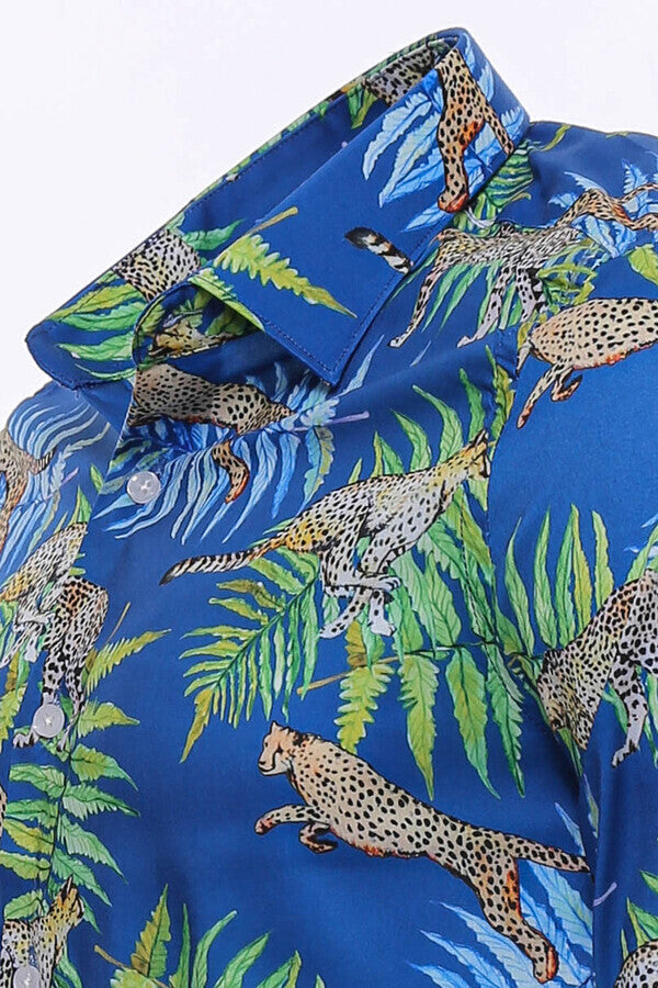 Tiger And Leaf Patterned Long Sleeves Slim Fit Blue Men Shirt - Wessi