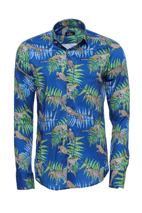 Tiger And Leaf Patterned Long Sleeves Slim Fit Blue Men Shirt - Wessi